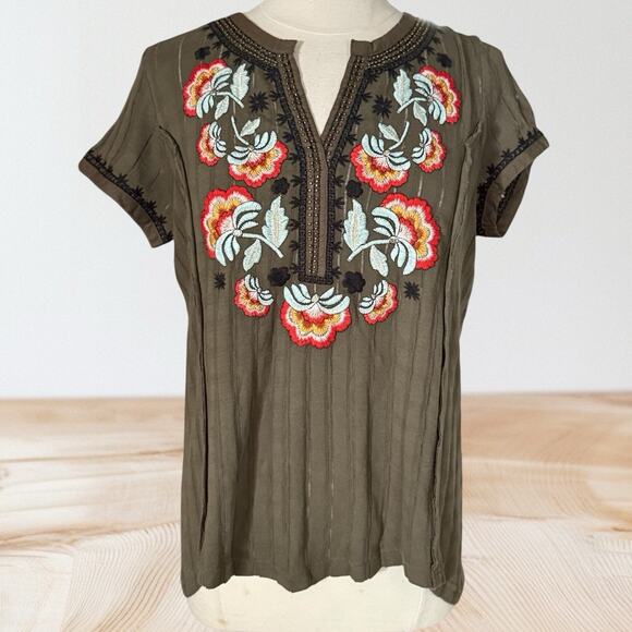 Akemi + Kin Anthropologie Top Size Large Dandelion Embroidered Beaded Boho Olive - Picture 1 of 10